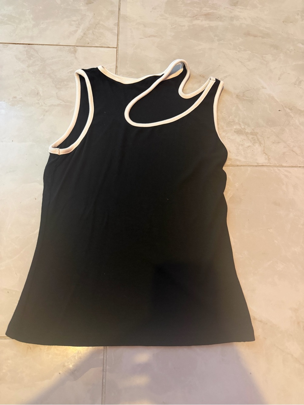 Commense Black Tank Top with White Trim and Cutout Neckline